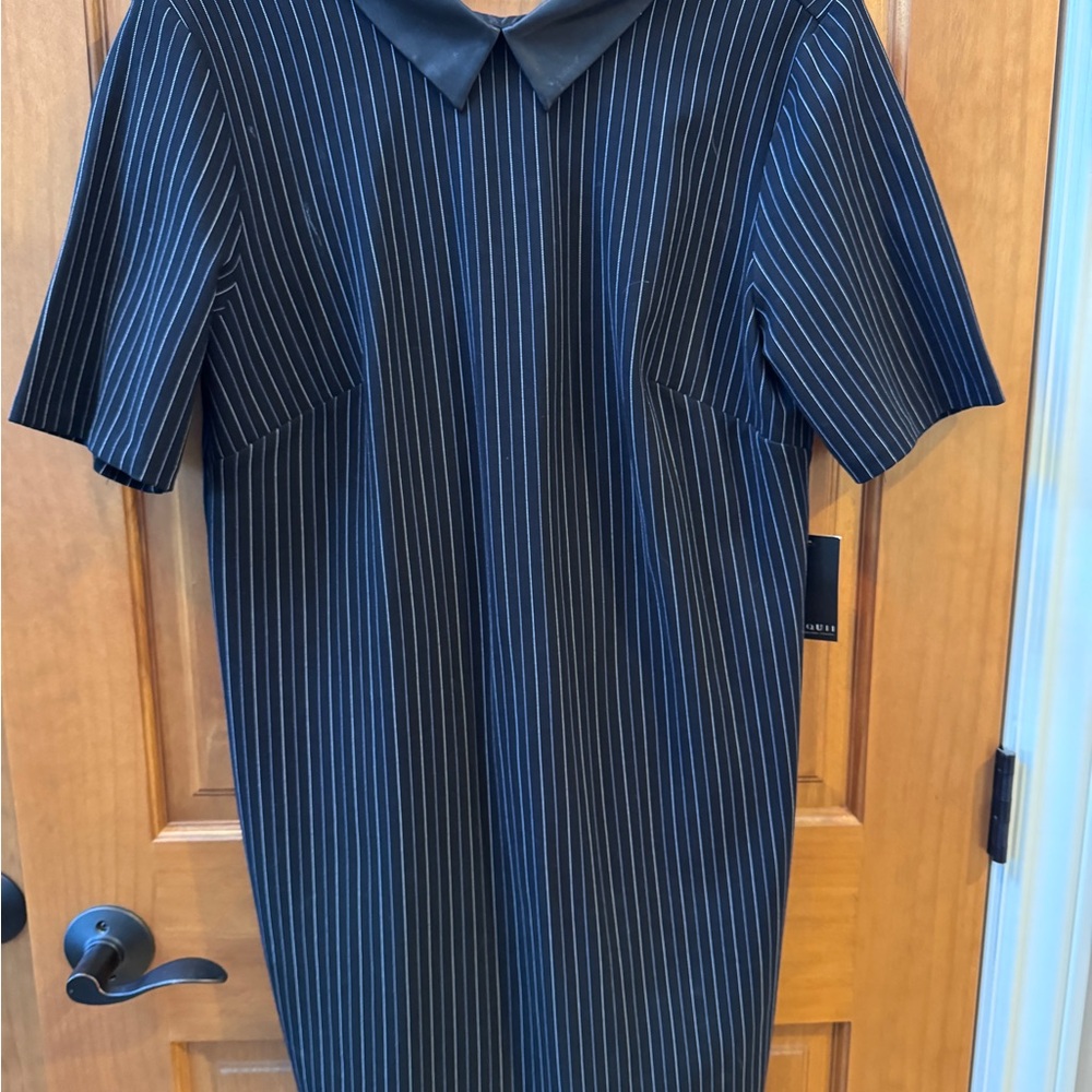 Eloquii Black Pinstripe Stretch Dress with Faux Leather Accent Collar NWT 14W